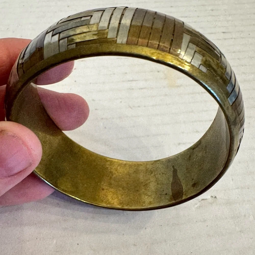 Vintage Metal Bangle Bracelet Tri-Color Woven Copper Bronze Silver Artsy Jewelry